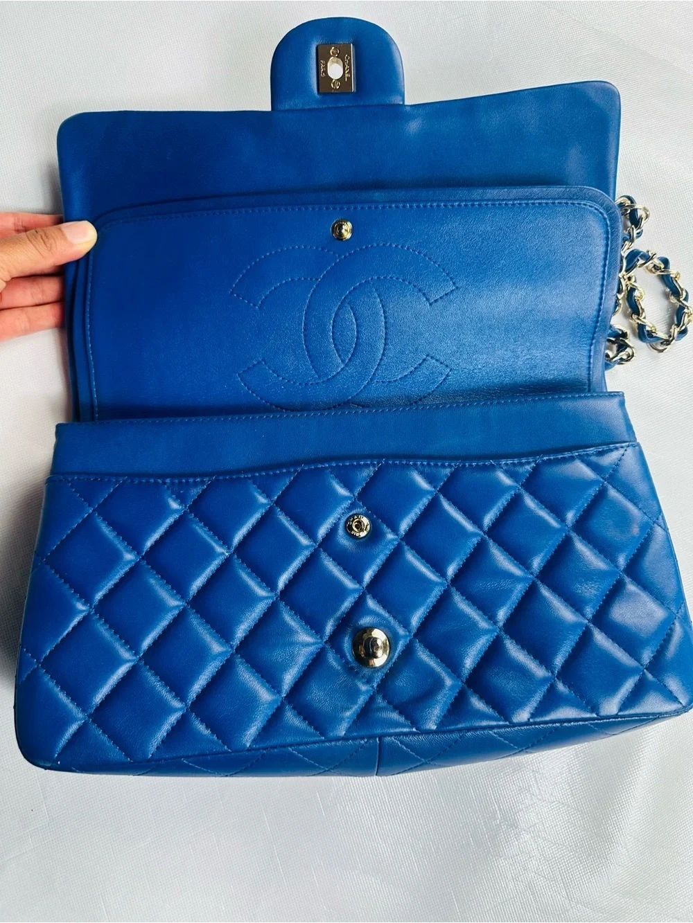 CHANEL Quilted Double Flap Shoulder Bag in Royal Blue with Gold Hardware